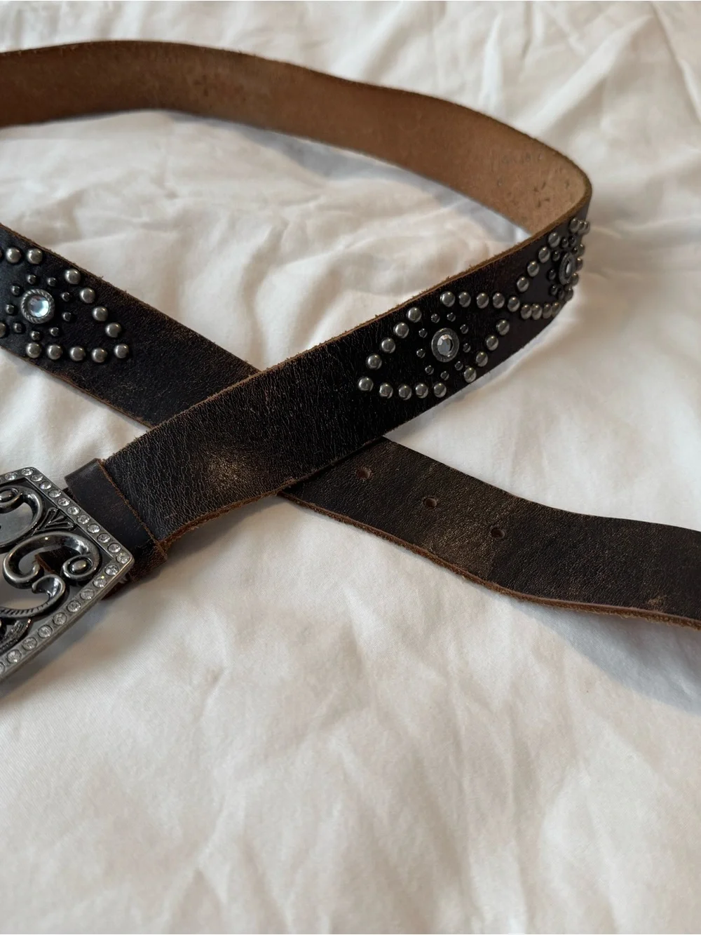 Women’s Brown Studded Leather Belt with Decorative Silver-Tone Buckle